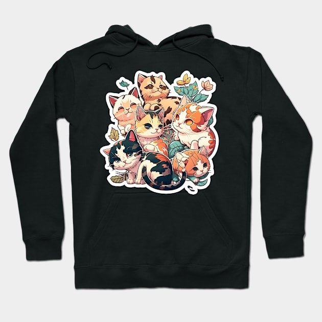 Cute Cat Family with Leaves and Flowers Hoodie by MK3